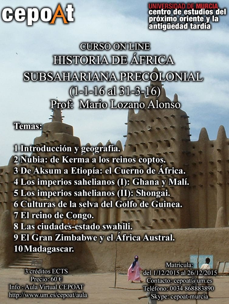 Curso online de Historia de África Subsahariana Precolonial en el CEPOAT de la Universidad de Murcia – 01 Enero –  31 Marzo  2016 –