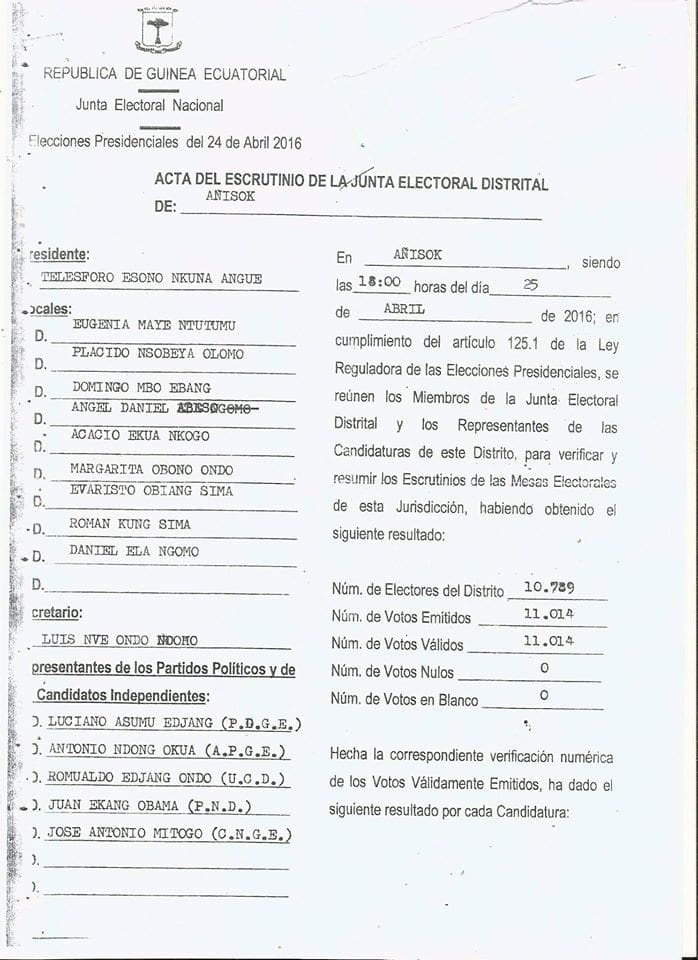 El Delegado de Gobierno del distrito de Añisok  (Guinea Ecuatorial)  obliga  a recuperar las copias del acta del escrutinio  de las   votaciones para su rectificación