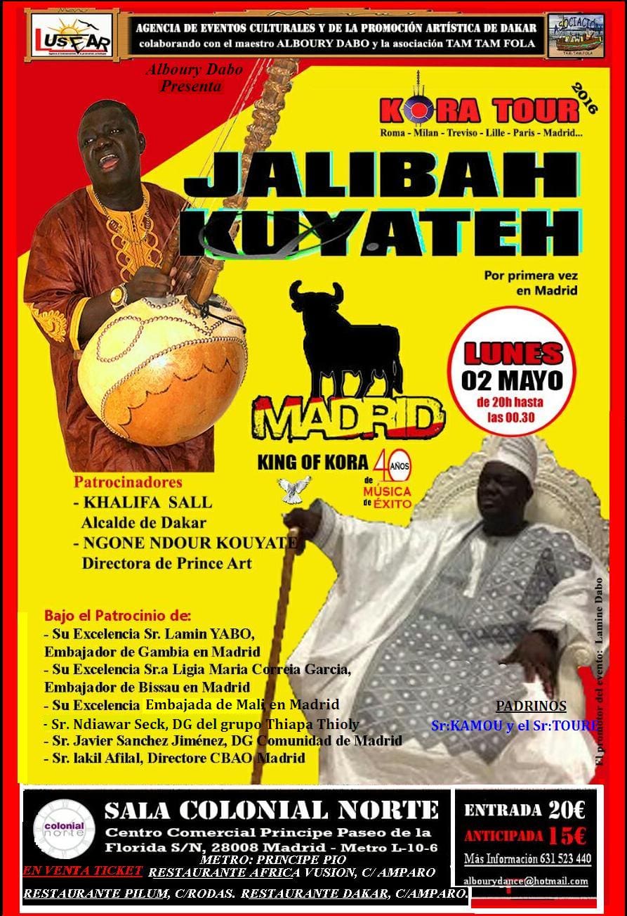 Suspendida la actuación del Rey  de  la Kora  Jaliba Kuyateh  – 02  Mayo  2016 – Madrid