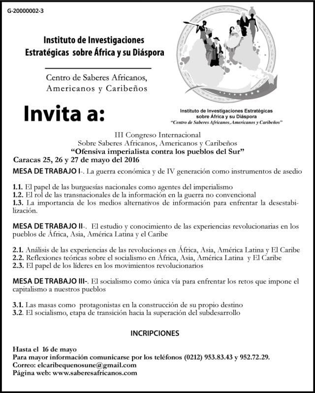 III Congreso sobre Saberes Africanos, Americanos y Caribeños – 23 – 27 Mayo 2016 – Caracas  (Venezuela)