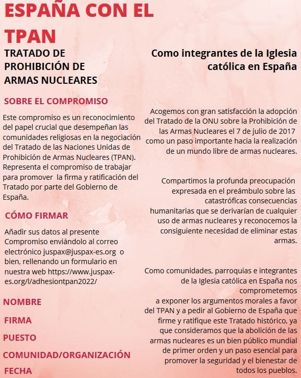 Apoyo de la Iglesia española al Tratado para la Prohibición de las Armas Nucleares de la ONU (TPAN) y petición para que el Gobierno firme y ratifique el Tratado
