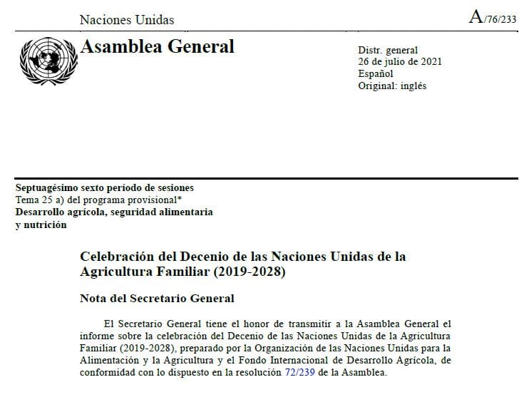 Informe sobre la celebración del Decenio de las Naciones Unidas de la Agricultura Familiar (2019-2028)